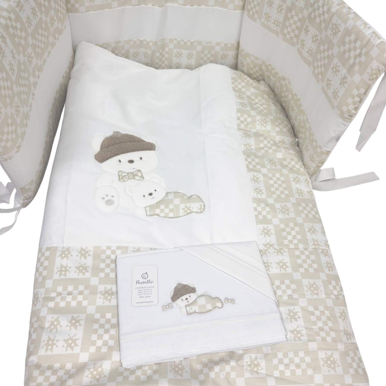 Completo trapunta lettino con lenzuola e paracolpi Pastello