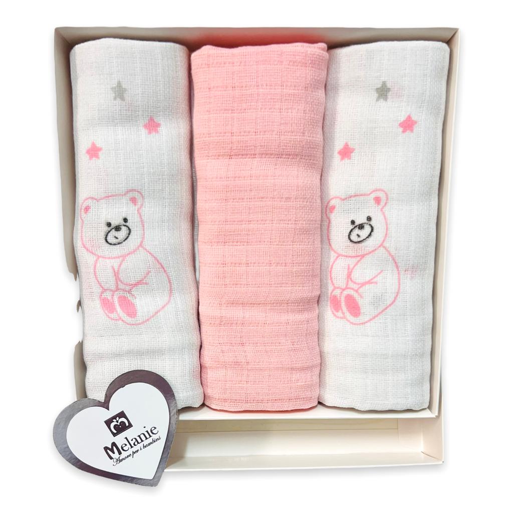 3 Pannetti Mussole rosa Orsetto - Mstore016 - 3 Pannetti Stampati rosa - Melanie