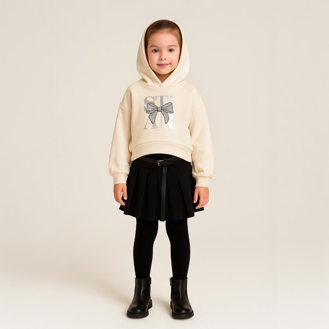 Completo Bambina 2 Pezzi – Felpa con Cappuccio e Gonna a Pieghe