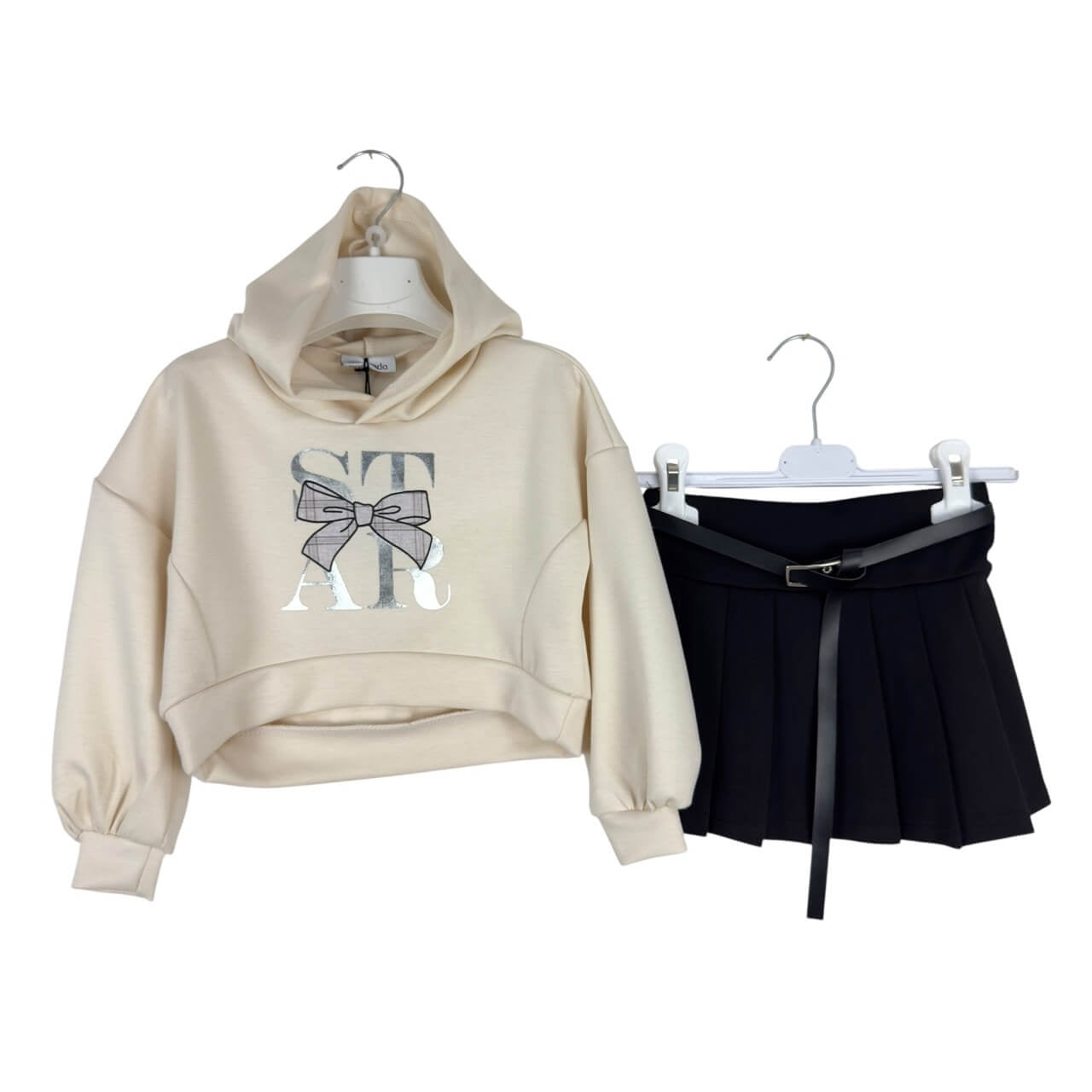 Completo Bambina 2 Pezzi – Felpa con Cappuccio e Gonna a Pieghe
