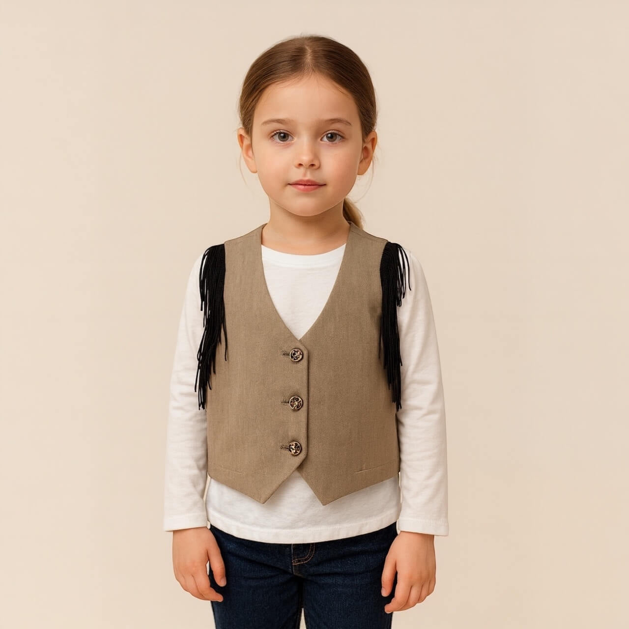 Maglia in cotone e gilet con frange