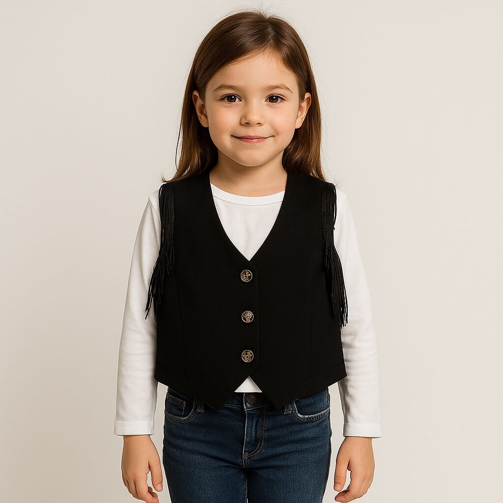 Maglia in cotone e gilet con frange