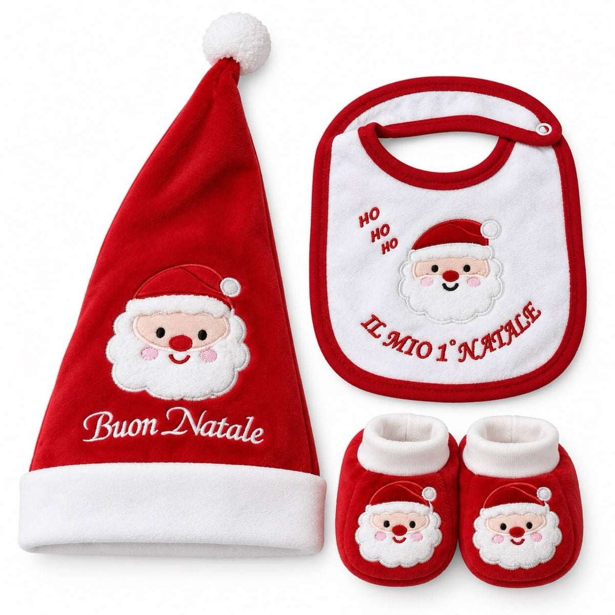 Set Neonato Primo Natale con Cappellino, Bavetta e Scarpine – Nancy Baby