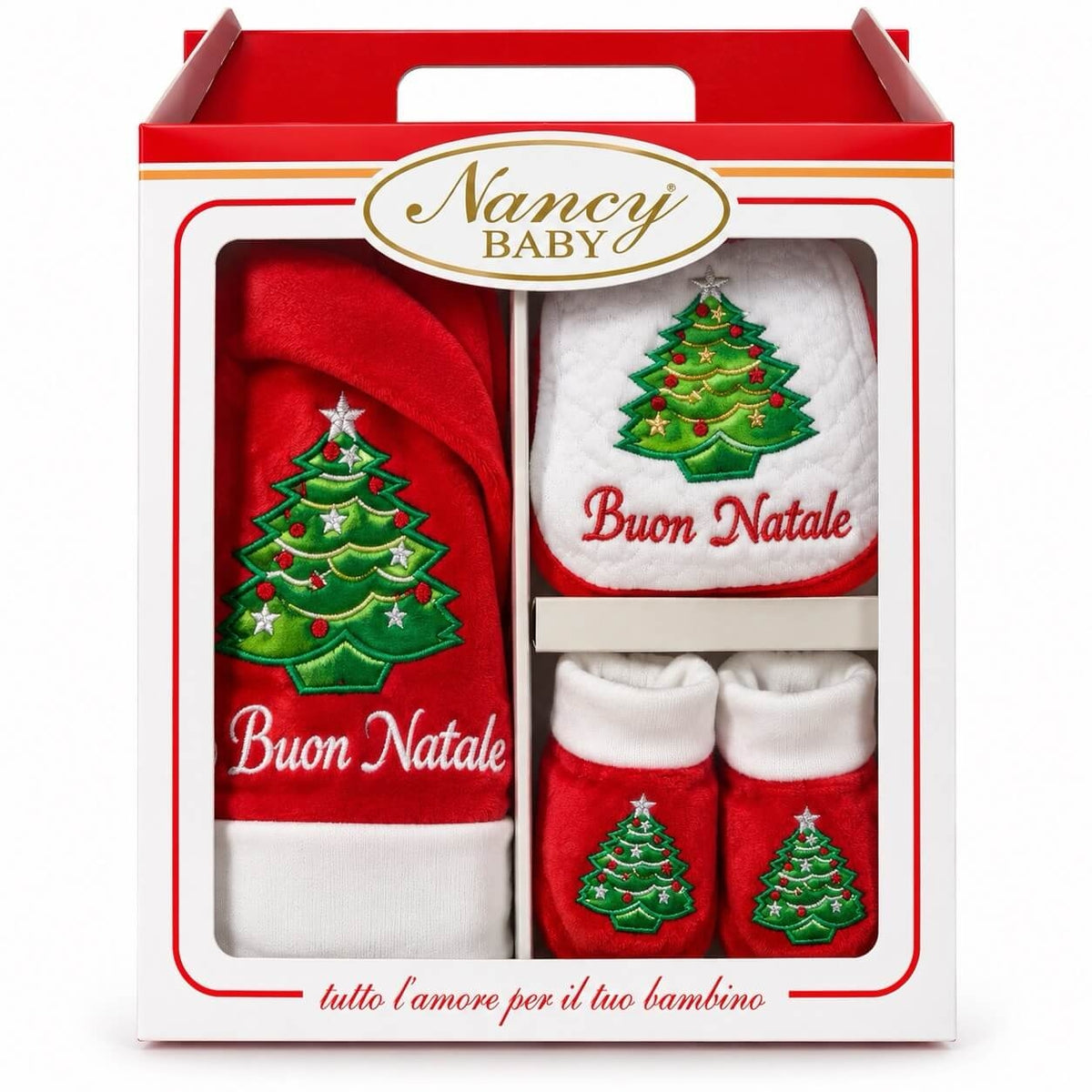 Set Neonato Primo Natale con Cappellino, Bavetta e Scarpine – Nancy Baby