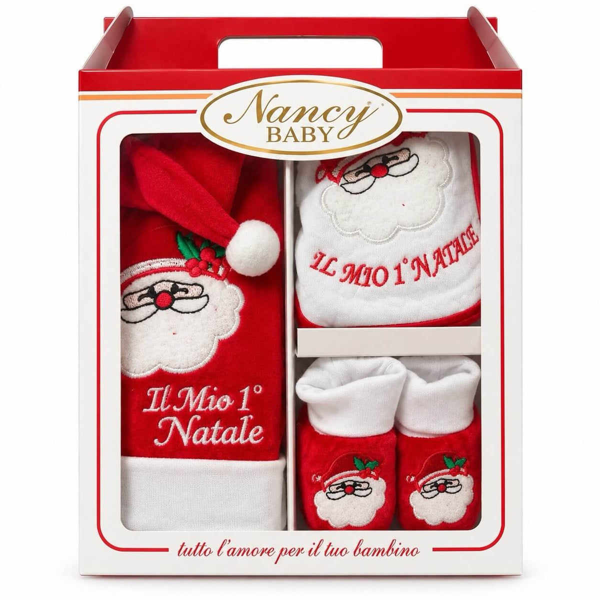 Set Neonato Primo Natale con Cappellino, Bavetta e Scarpine – Nancy Baby