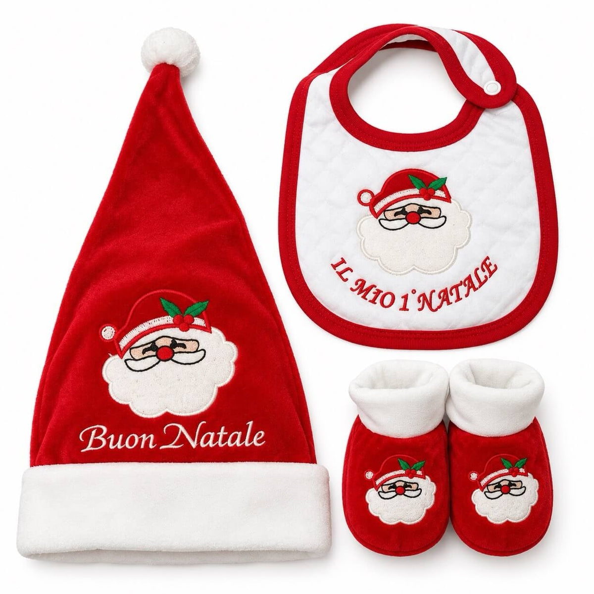 Set Neonato Primo Natale con Cappellino, Bavetta e Scarpine – Nancy Baby